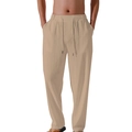 Men's breathable khaki cotton linen casual pants with adjustable drawstring waist - Dark Khaki