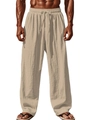 Detailed texture of men's breathable cotton linen blend trousers with drawstring waist - Dark Khaki