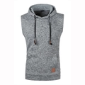 Men's slim fit grey hooded knit vest with drawstring and decorative leather patch detail - Light Gray