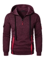 Dettaglio felpa con cappuccio bordeaux con colletto a mezza zip e coulisse nere - Borgogna
