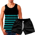 Detail view of men's summer sports set featuring 3D striped tank top and drawstring shorts - Black Teal Stripe Style (156-23)