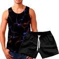 Detail of men's summer sports set featuring 3D printed vest and drawstring shorts - Electric Blue Orange Crackle Style (156-25)