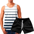 Men's summer casual set with navy striped tank top and black drawstring athletic shorts - White Navy Stripe Style (156-11)