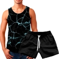 Detail of 3D electric blue crackle print tank top and black drawstring shorts set - Blue Electric Crackle Style (156-20)