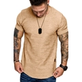 Detail showing khaki waffle textured fabric, round neck and curved hem on men's t-shirt - Khaki