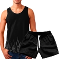 Detailansicht des 2-teiligen Herren-Sommersets mit schwarzem Flammenprint-Top und Shorts - M / Schwarzes Flammen-Stil (156-5)