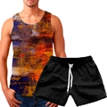 Detail of men's summer tank top with abstract 3D oil painting print and drawstring shorts - Abstract Oil Painting Style (156-19)