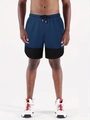 Close-up of men's marathon shorts with navy mesh fabric and black paneling detail - S / Navy Blue/Black