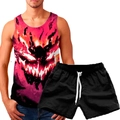 Men's summer 3D flame demon print sports tank top and drawstring shorts set - Flame Demon Style (156-22)