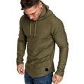 Detail view of olive green hoodie with pleated sleeve texture and curved hemline - M / Army Green
