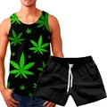 Men's summer casual set featuring black 3D tropical leaf print tank top and shorts - Green Tropical Leaf Style (156-9)