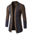 Detail of the knit texture and color-block shawl collar on this men cardigan sweater - Coffee Patchwork