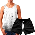 Detail view of men's summer sports set with white 3D print vest and black drawstring shorts - White Scratch Style (156-16)