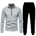 Heren set met grijs gemêleerd sweatshirt met halve rits en zwarte joggingbroek met koord - S / Lichtgrijs