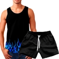 Detail view of men's sports set featuring black vest with blue flame print and drawstring shorts - Blue Flame Style (156-7)