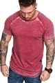 Nahaufnahme des weinroten Herren-T-Shirts mit Vintage-Waschung und Schulterfalten - M / Burgunderrot