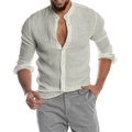 Detailansicht des Herren Leinen-Henley-Shirts mit Stehkragen und Stoffstruktur - S / Grau