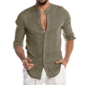 Detail shot of men's olive green linen shirt with mandarin collar and textured fabric - Army Green