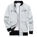 Close-up of lightweight light grey bomber jacket with black embroidery and ribbed collar - S / White
