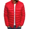 Detail of red quilted men jacket with diamond stitching on shoulders and stand-up collar - S / Red