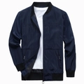 Detail of navy bomber jacket featuring rib-knit collar and cursive chest embroidery - Navy Blue