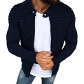 Detail of navy blue men jacket showing ribbed shoulders and metal zipper on stand collar - Navy Blue