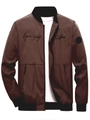 Detail of men's bomber jacket showing knit collar and signature embroidery on the chest - Coffee