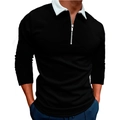 Men's slim fit black long sleeve polo shirt with white collar and silver zipper detail - S / Tops / Black