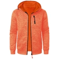 Close-up of men's orange fleece hoodie featuring textured fabric and chest zipper pocket - Orange