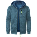 Detail of blue textured zip-up hoodie featuring neon green zippers and drawstring hood - Denim Blue