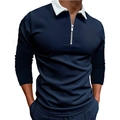 Men's slim fit navy blue long sleeve polo shirt with white collar and silver zipper detail - S / Tops / Navy Blue