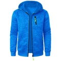 Detailed view of blue men's hoodie with zip pockets and neon yellow zipper accents - Blue