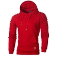 Detail of dark red quilted hoodie with shoulder pleats and brown leather brand label - Red
