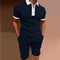 Men's two-piece navy blue casual polo shirt set with half-zipper and matching shorts - Navy Blue