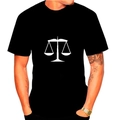 Men's black cotton t-shirt featuring a white scales of justice print in a slim fit - S / Tops / Black
