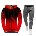 Détail du sweat à capuche rouge et noir à éclaboussures d'encre et jogging gris assorti - S / Hauts / Rouge Et Gris Foncé