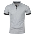 Close-up of stylish grey men polo shirt with black contrast collar and button details - Light Gray + Black