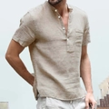 Men's linen cotton short sleeve shirt featuring mandarin collar and button placket - Khaki