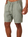 Detail view of men's sage green linen shorts featuring elastic waist and cotton drawstring - Sage Green