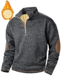Detail of gray fleece hoodie showing 1/4 zipper, brown elbow patches and orange stitching - S / Tops / Dark Gray