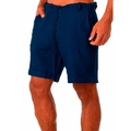 Détail du short bleu marine en coton et lin avec taille élastique à cordon et poches latérales - S / Bleu foncé