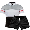 Men's summer casual polo set with three-color stitching shirt and black drawstring shorts - S / Light Gray