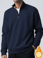 Detail of navy 1/4 zip sweatshirt showing high collar with gold textured lining and fleece layer - S / Tops / Navy Blue