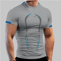 Close-up of moisture-wicking compression fabric with blue stripes on a men's sports tee - S / Light Gray