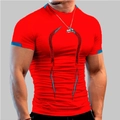 Men's compression short sleeve fitness shirt in red with blue panels and spider pattern - S / Red