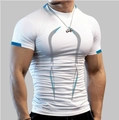 Detail of men's athletic compression tee with blue contrast trim and geometric chest print - S / White