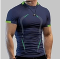 Men's navy blue breathable compression gym t-shirt with fluorescent green panels - S / Navy Blue
