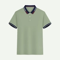Men's short sleeve polo shirt in sage green with navy blue contrast collar and white stripes - Green