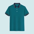 Men's short sleeve polo shirt in teal green with navy blue striped collar and cuffs - Denim Blue