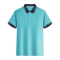 Men's turquoise short-sleeve Polo shirt with navy striped ribbed collar and cuffs - Lake Blue